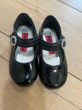 Rachel Black Patent Mary Jane Shoes with Rhinestone Buckle